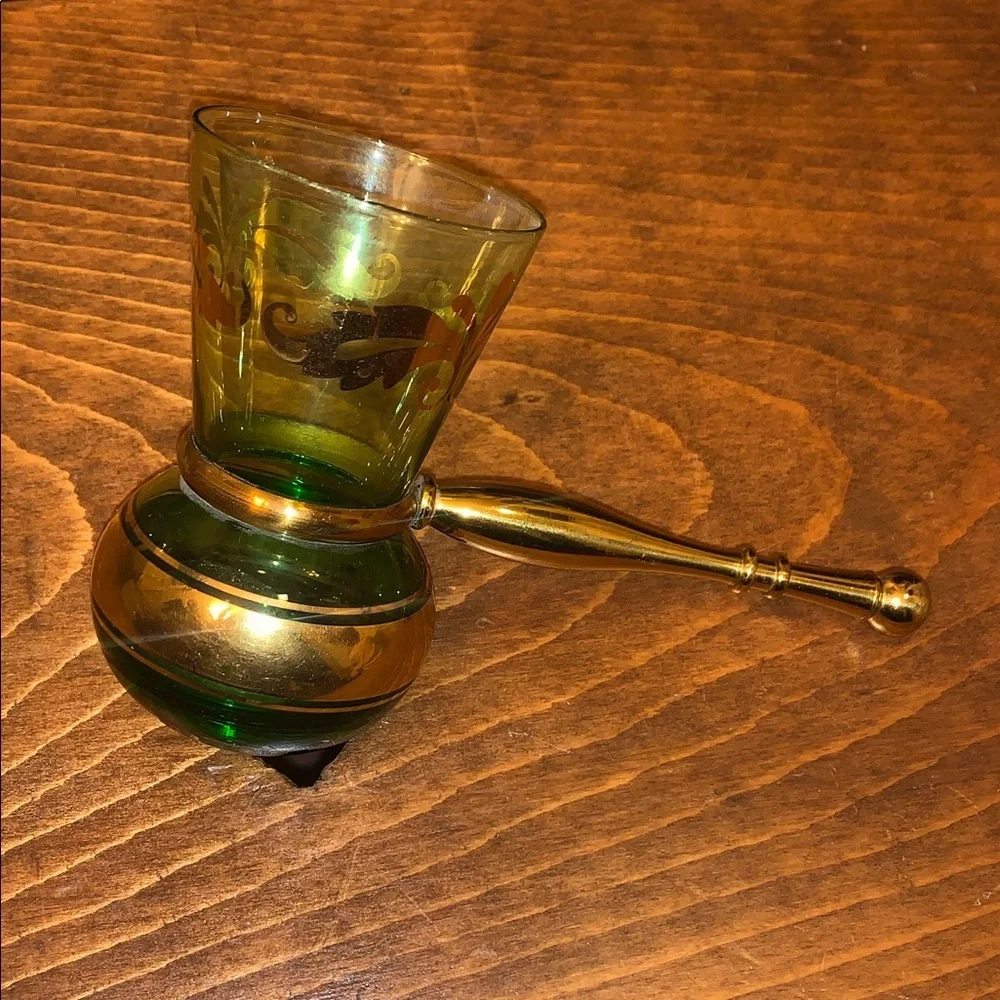 Vintage Bohemian Green Gold Glass Turkish Coffee Goblet Decanter Brass Handle